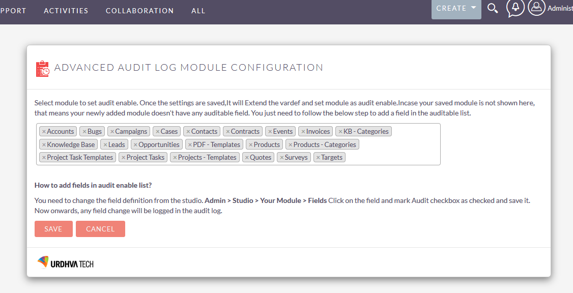 SuiteCRM Advanced audit log add module to set audit enabled