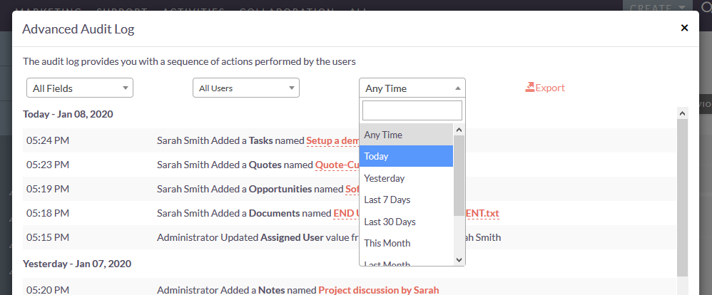 SuiteCRM Advanced audit log filter option