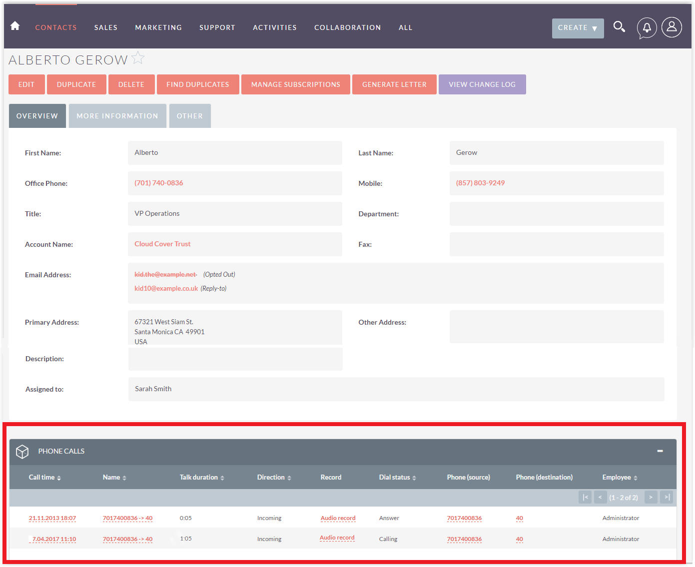 SuiteCRM CTI call history