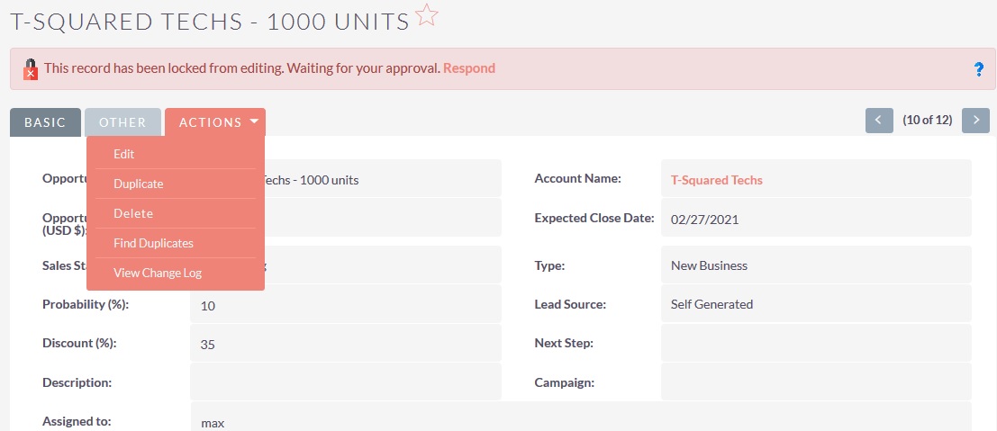 SuiteCRM Approval Process - Locked Record DetailView For Approver