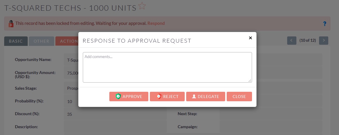 SuiteCRM Approval Process - Locked Record Approval Popup
