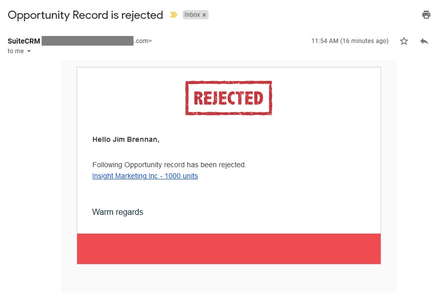 SuiteCRM Approval Process - Rejection Email Alert To User who approved their request