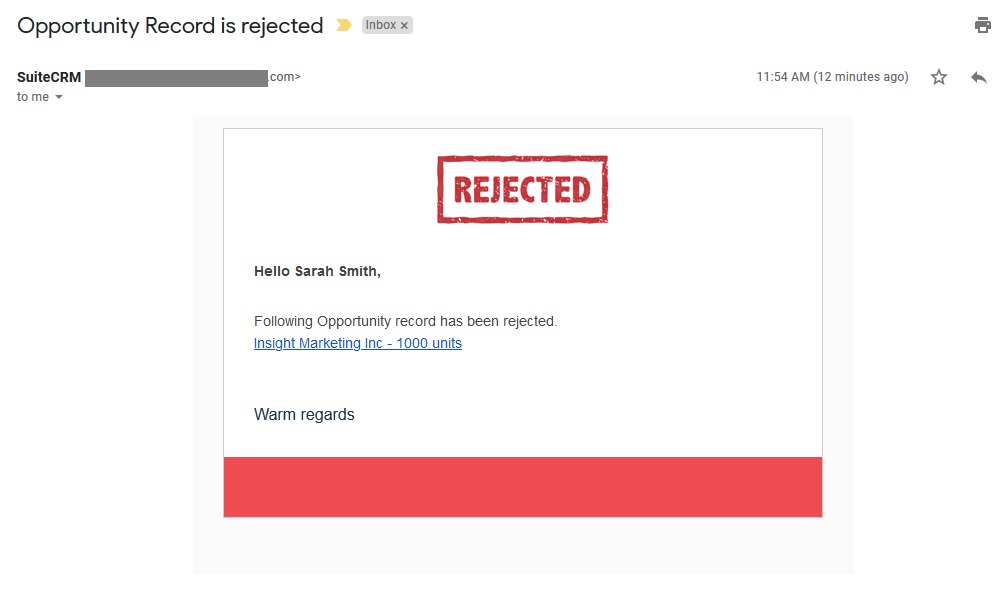 SuiteCRM Approval Process - Rejection Reports To Email Alert