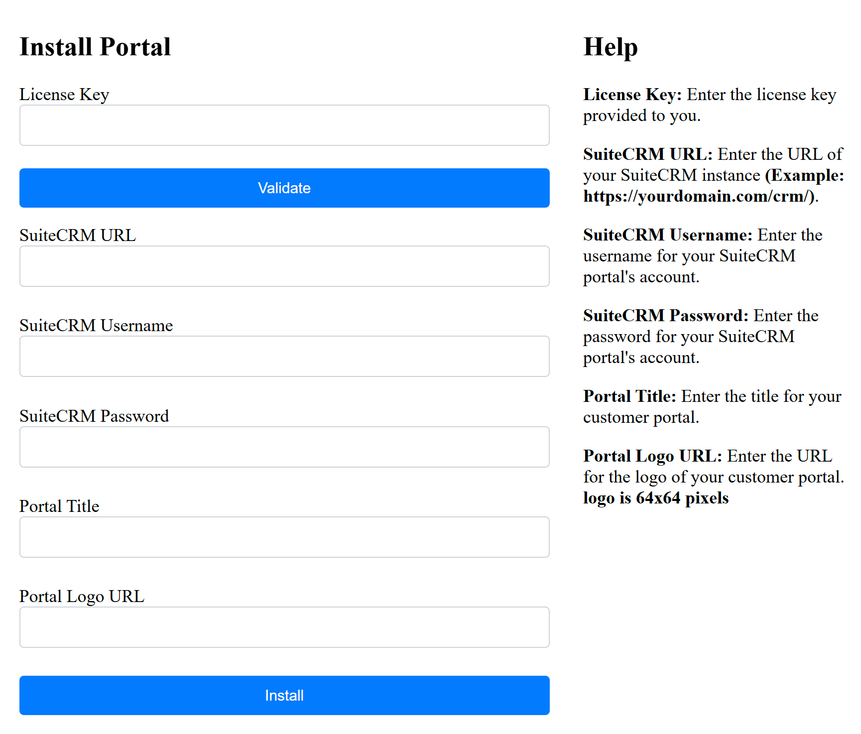 SuiteCase Portal SuiteCRM Ticket System installation page.png