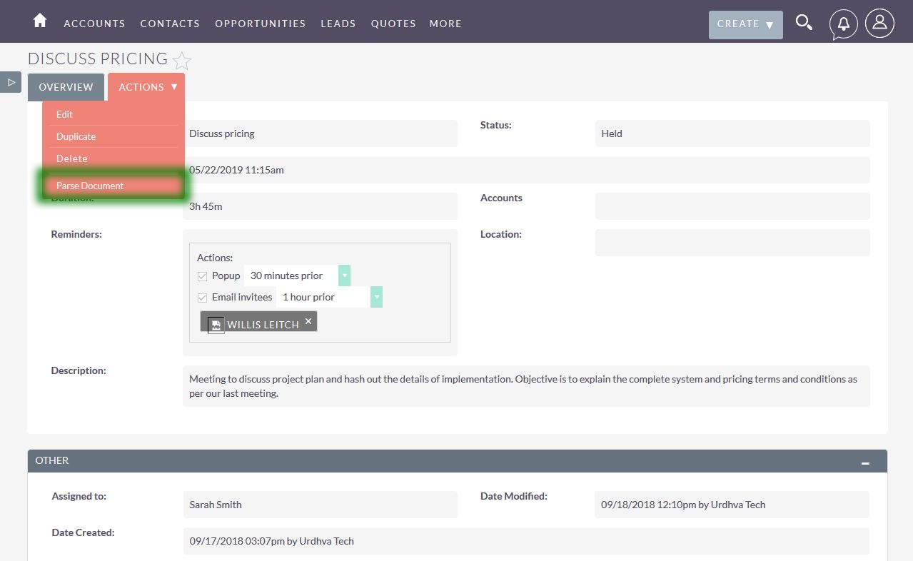 Parse Document button in detailview