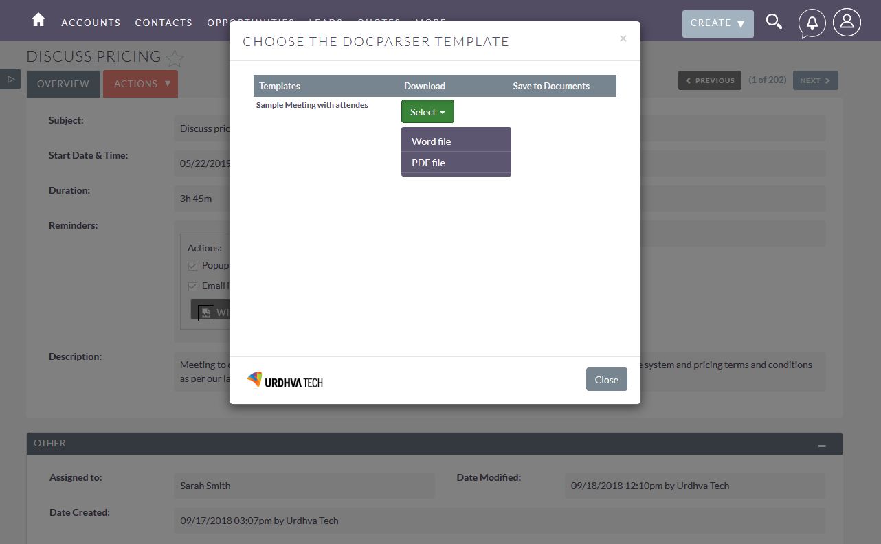 DocParser select template to download PDF/Doc