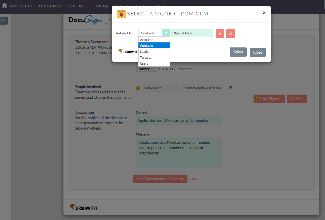 select docusign template from suitecrm