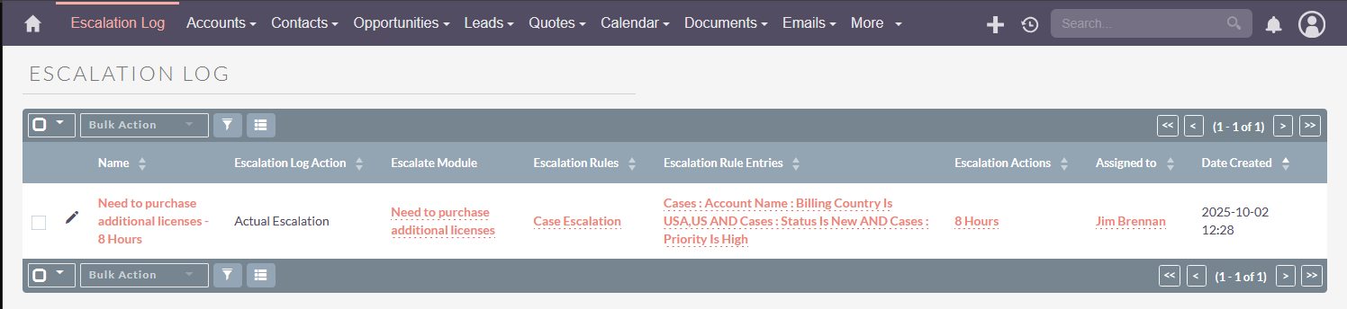 SuiteCRM Case Escalation log lists SuiteCRM Case Escalation log lists