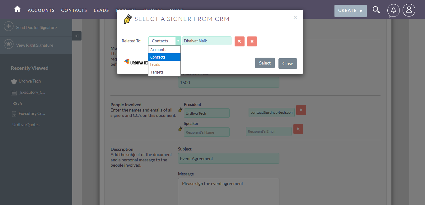 select right signature template from suitecrm