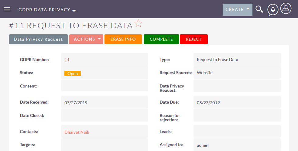 Handle Erasure request of GDPR in SuiteCRM