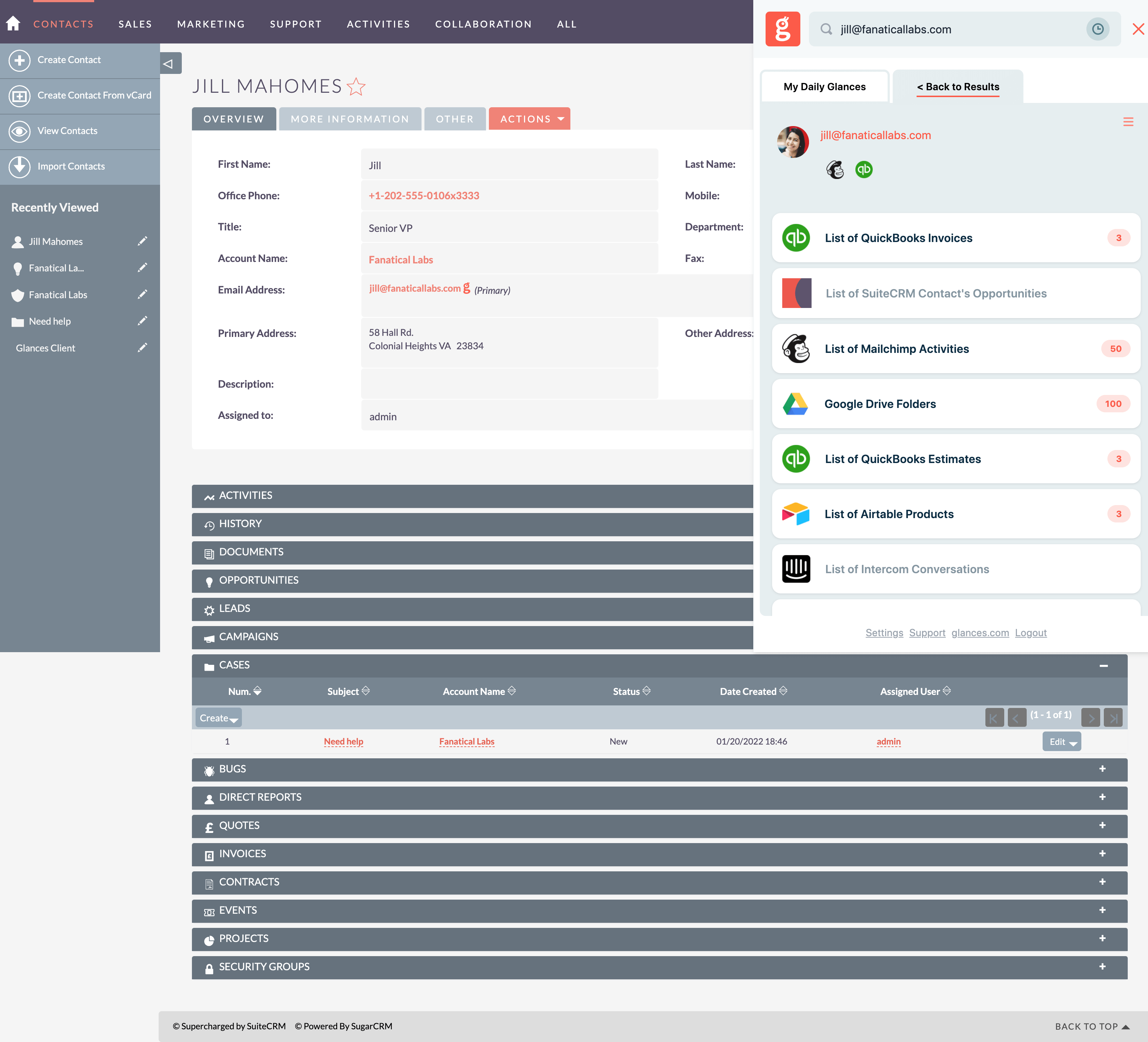 Product image of Glances showing all app data while in SuiteCRM