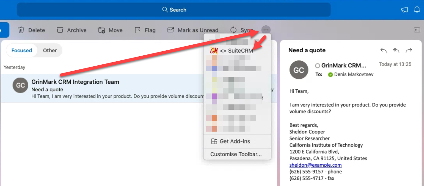 Email with SugarCRM button