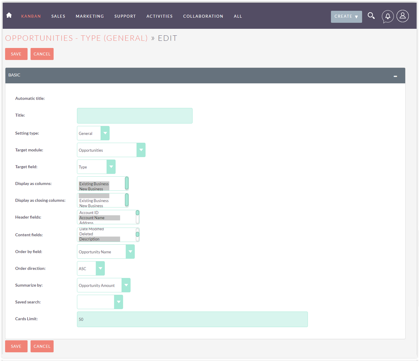 Kanban board settings