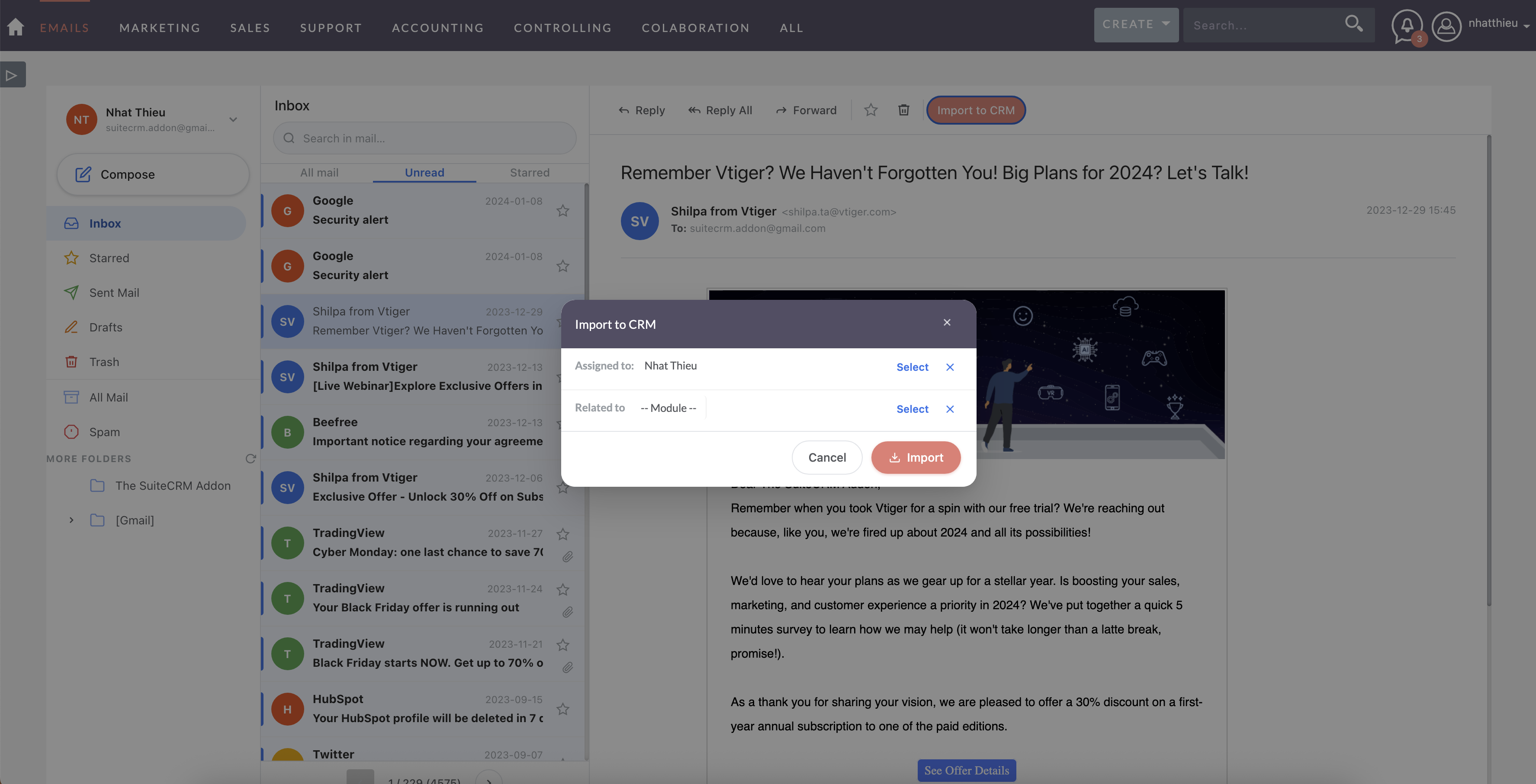 Screenshot 2026-03-14 at 15.42.07.png Import to CRM dialog with module linking
