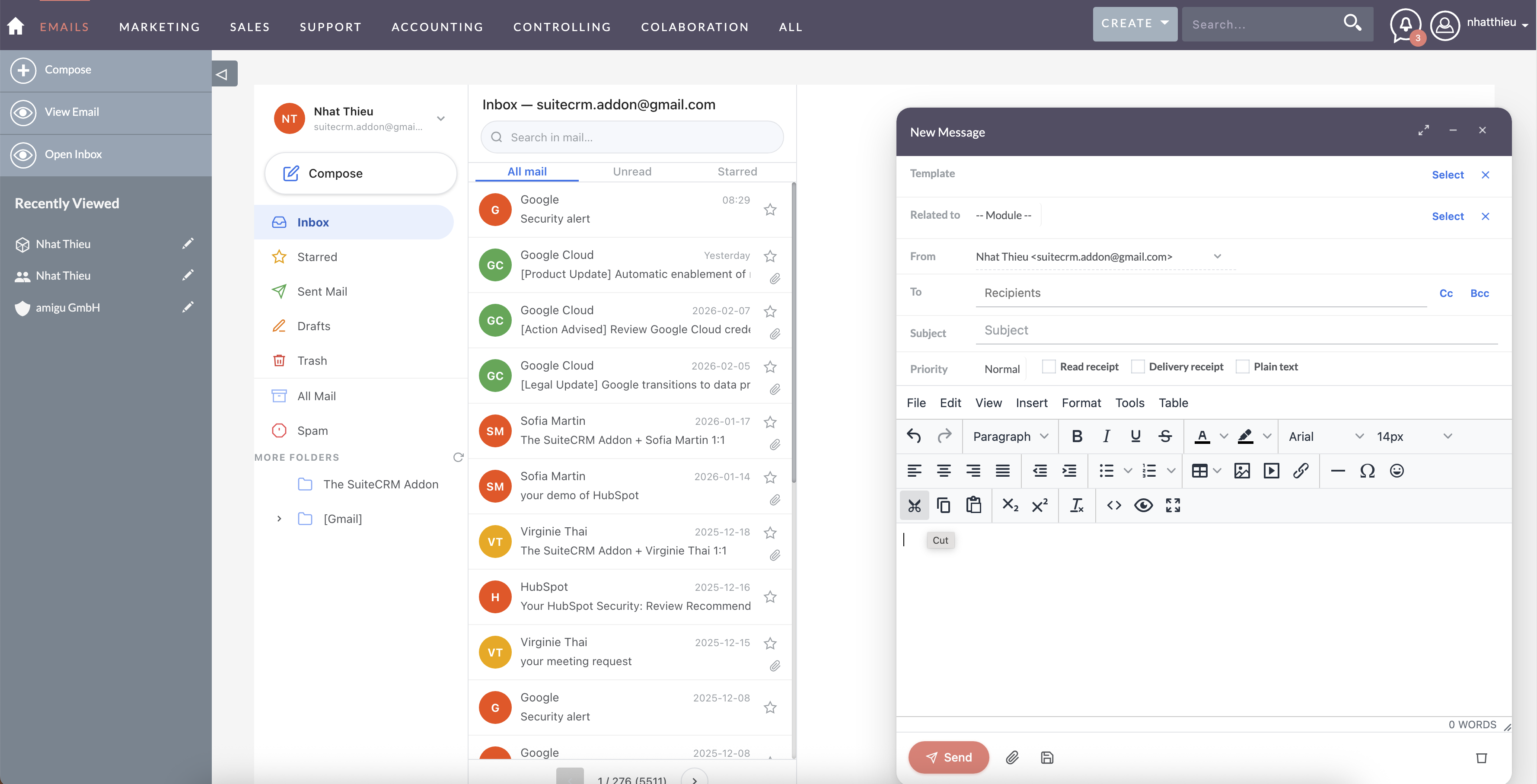 Screenshot 2026-03-14 at 15.46.00.png Compose modal with TinyMCE editor open alongside the inbox