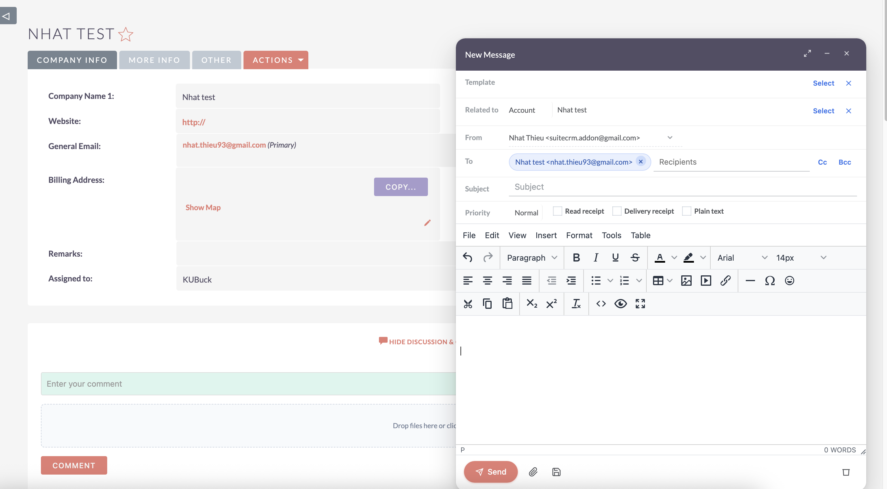 Screenshot 2026-03-14 at 15.47.28.png Compose modal opened from an Account detail page with recipient auto-filled