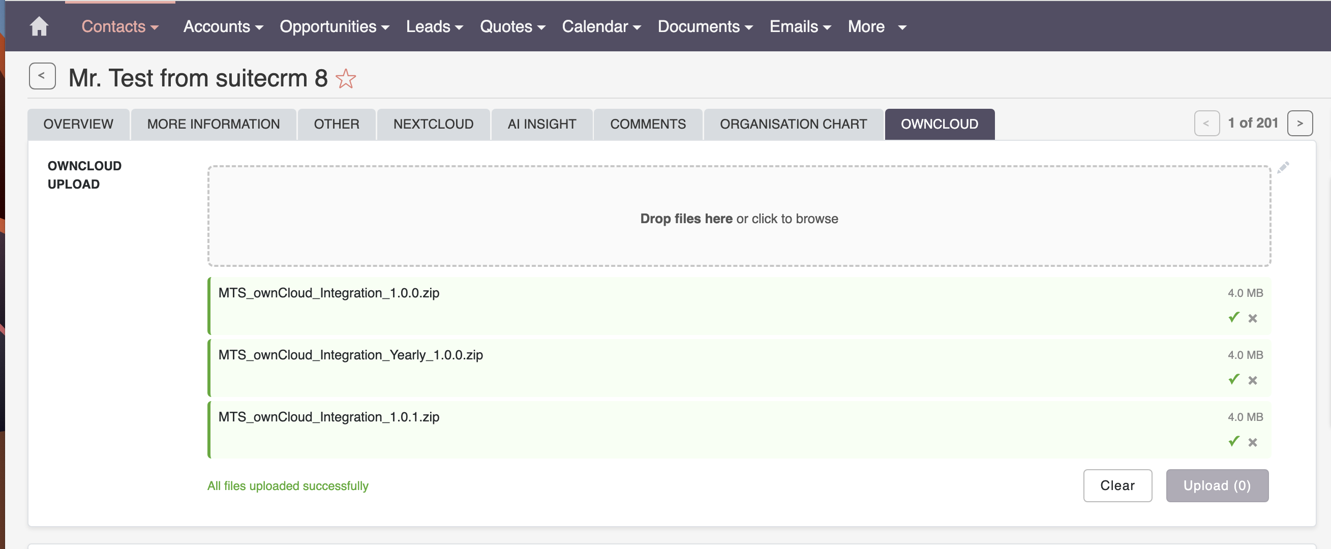 ownCloud tab with drag-and-drop upload widget and linked files subpanel in SuiteCRM v8