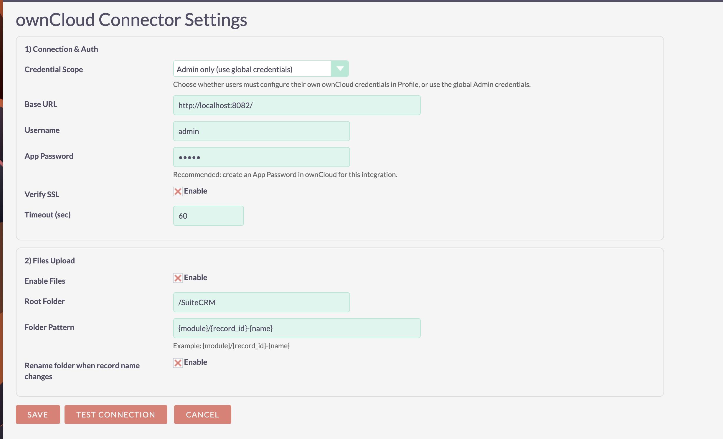 ownCloud Connector Settings admin panel