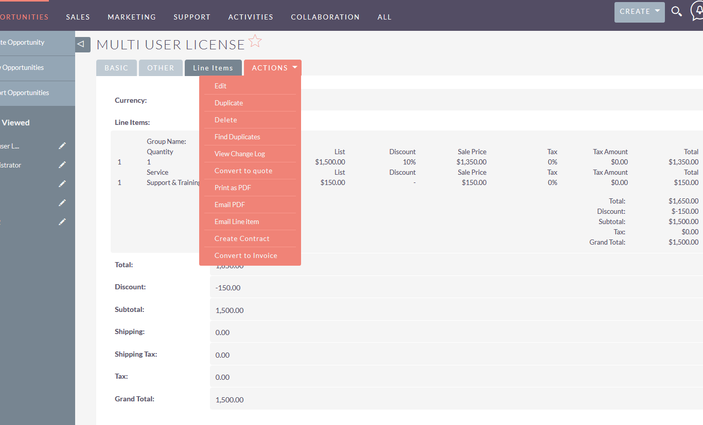 Opportunity Line Item for SuiteCRM Detail view buttons