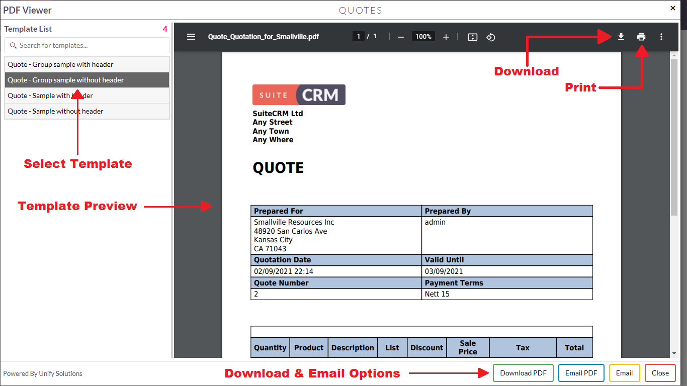 Download or email docs using PDF Template Viewer add-on for SuiteCRM