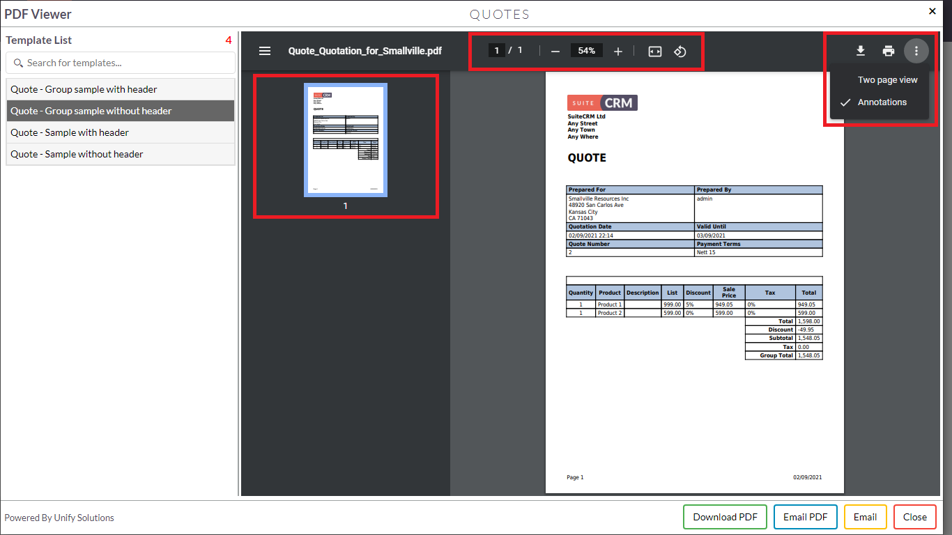 Download or email docs using PDF Template Viewer add-on for SuiteCRM