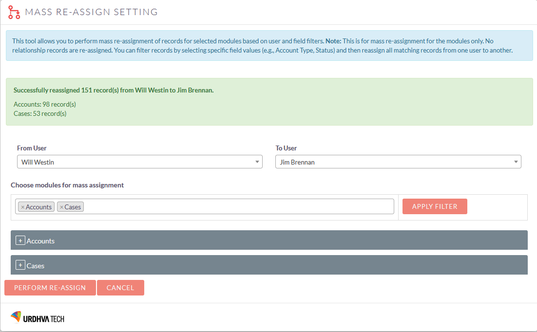 SuiteCRM Mass-Reassign result