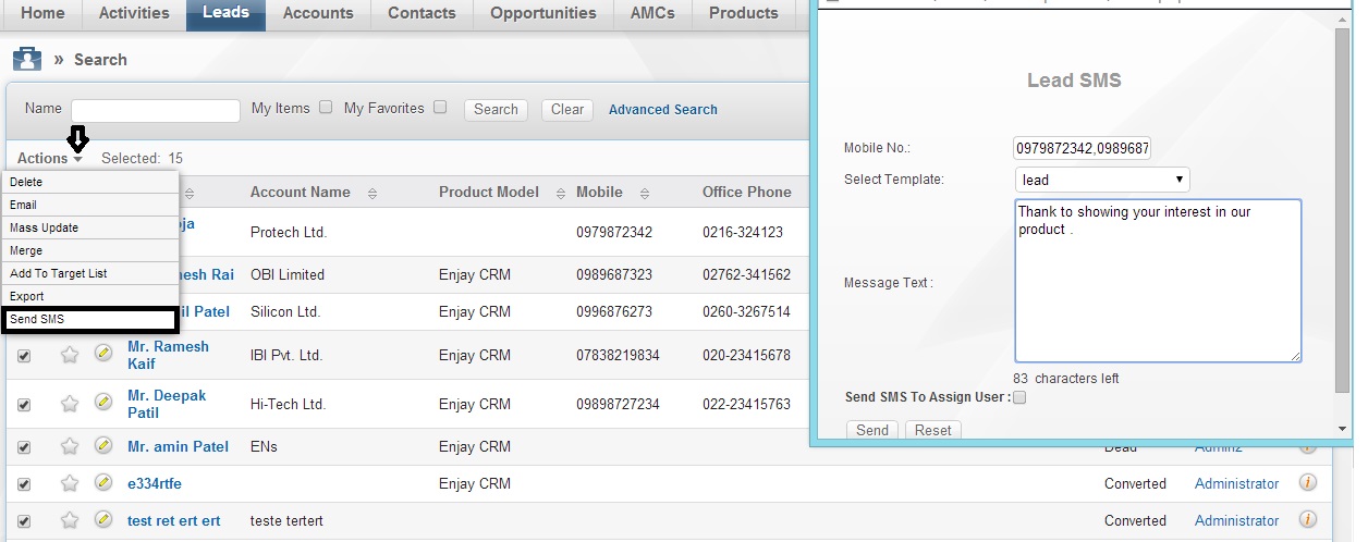 SuiteCRM send SMS