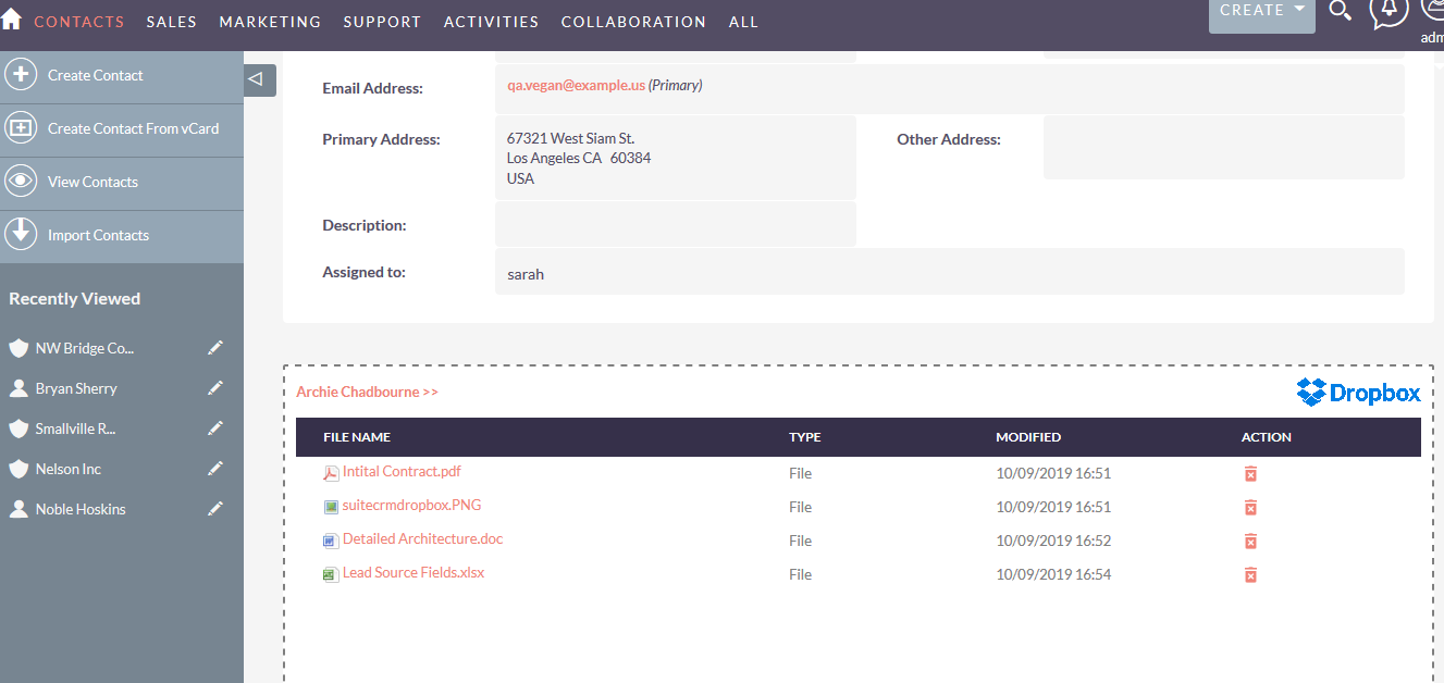 SuiteCRM Dropbox integration Contacts detailview