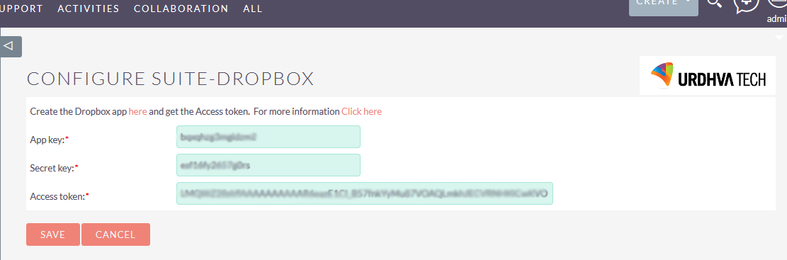 Enter the Dropbox api key into SuiteCRM configuration