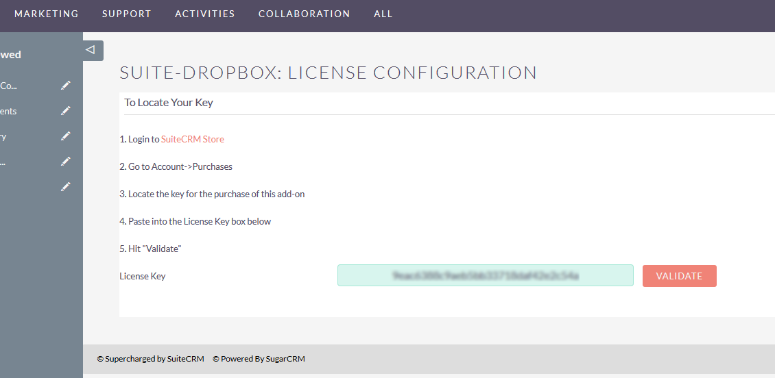 SuiteCRM Dropbox Integration License configuration