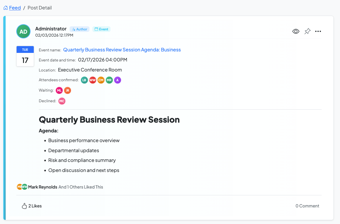 Suite Feed event management interface with date, time, location and SuiteCRM Meeting sync