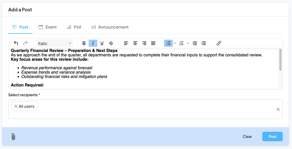 Suite Feed SuiteCRM post creation interface with rich text editor and file attachments