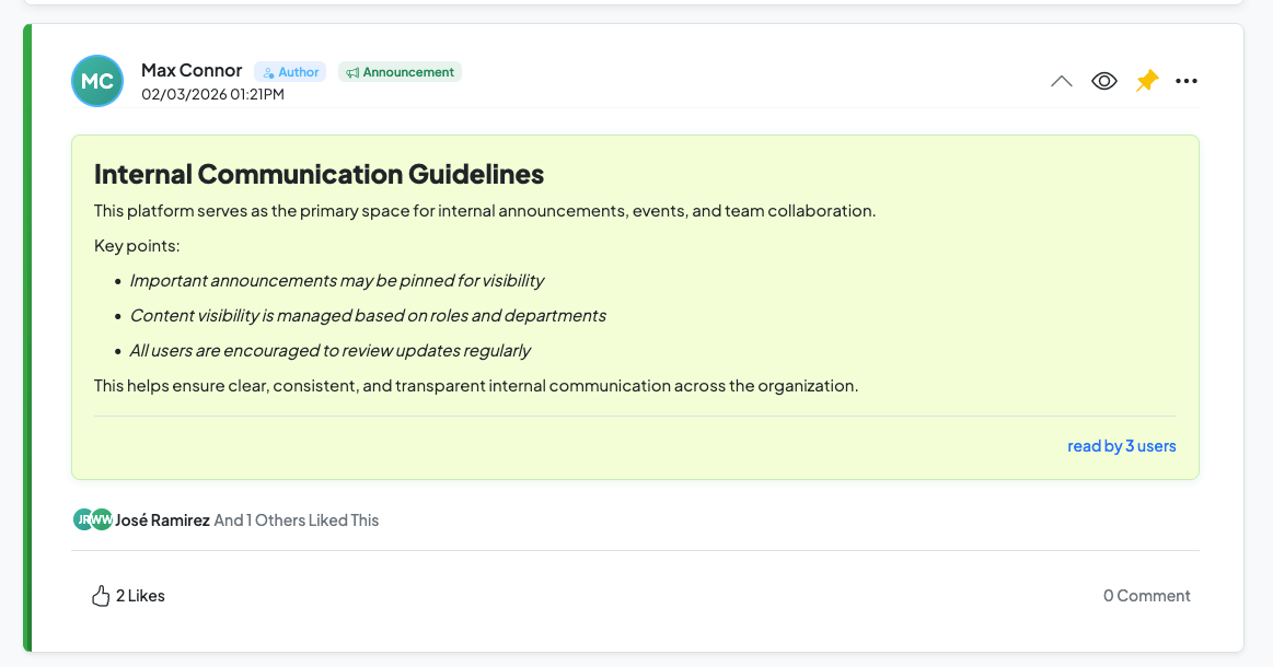 Suite Feed company announcement interface with pinning and expiration date settings