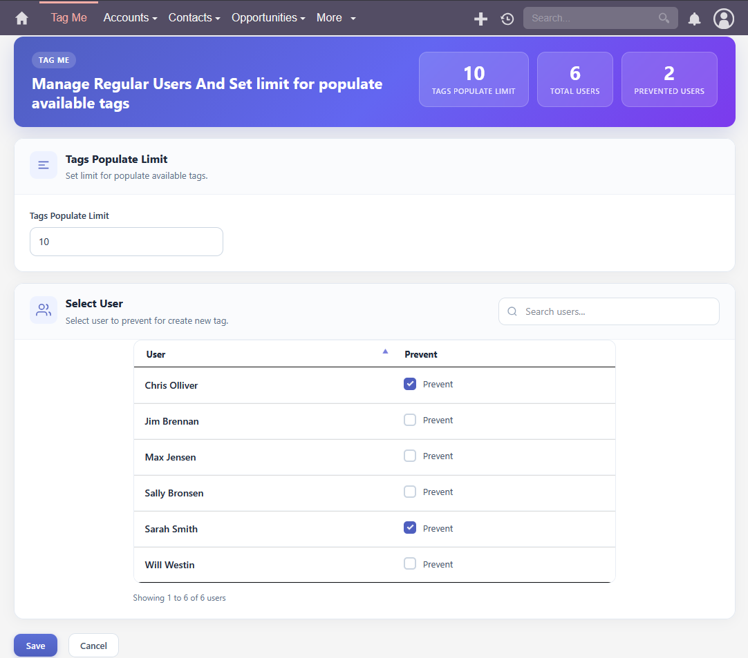 Manage users and populate limit