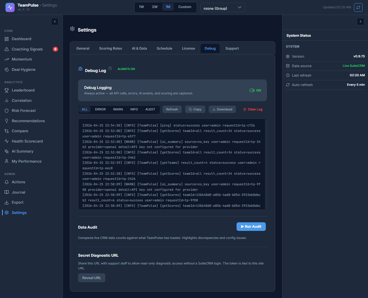 Settings-Debug-TeamPulse-SuiteCRM.png