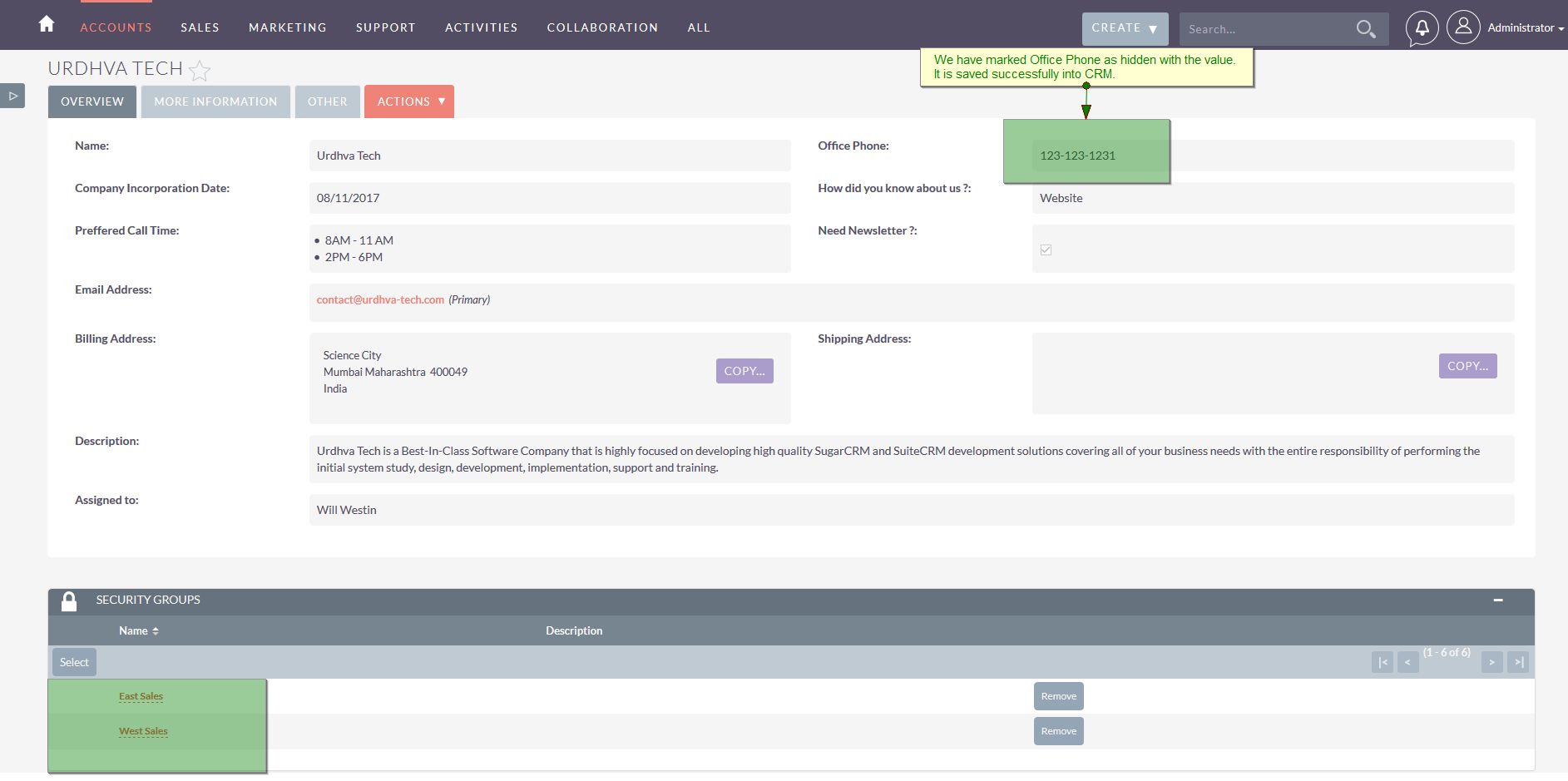 DetailView in CRM with security groups