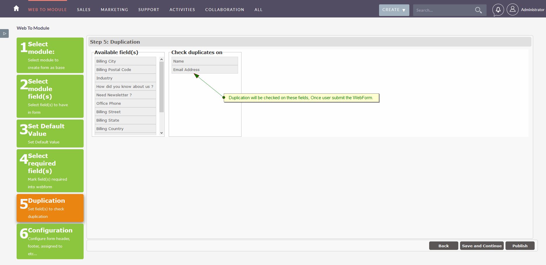 Select field(s) for duplication check