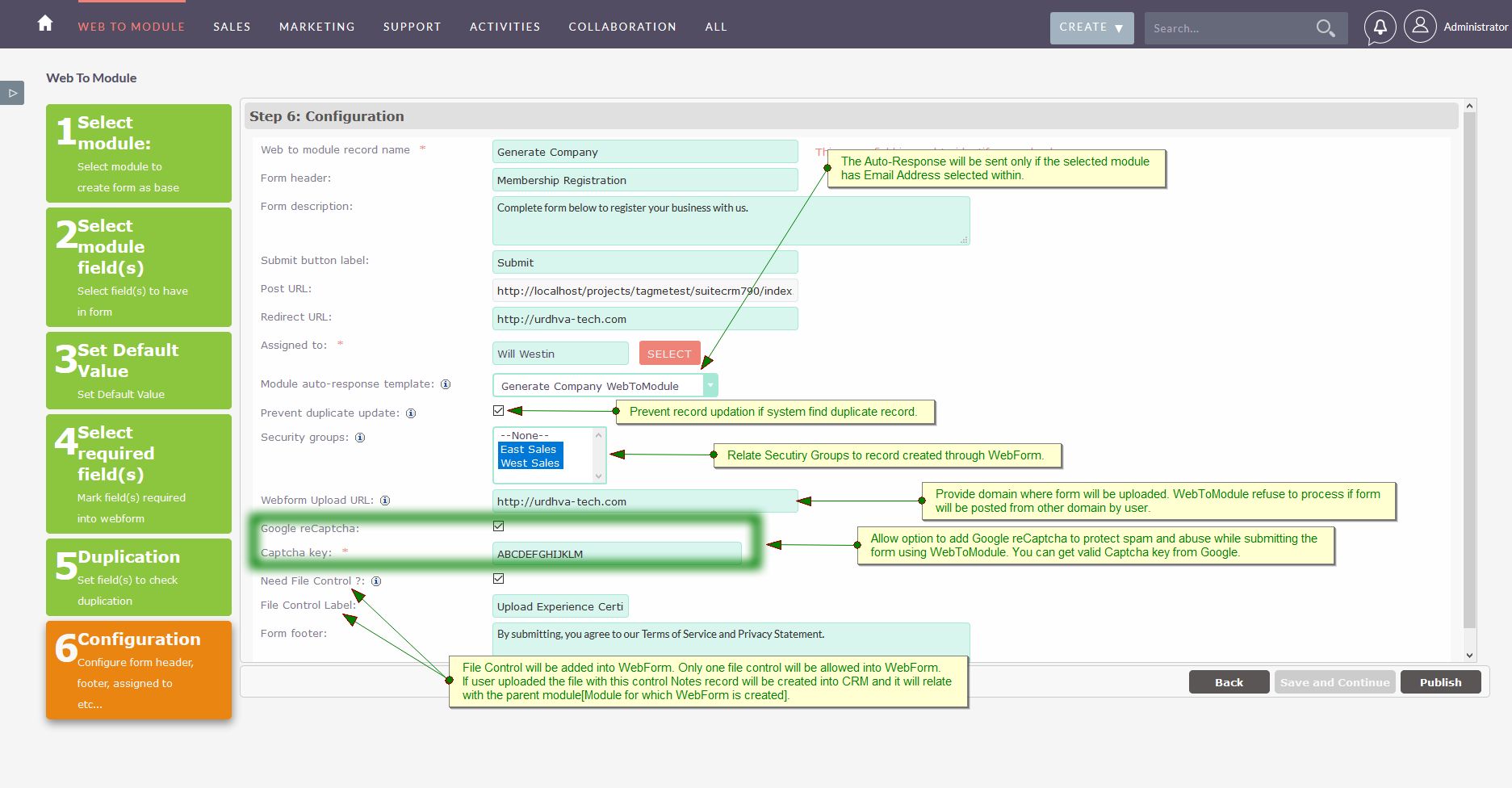 Necessary details for webform