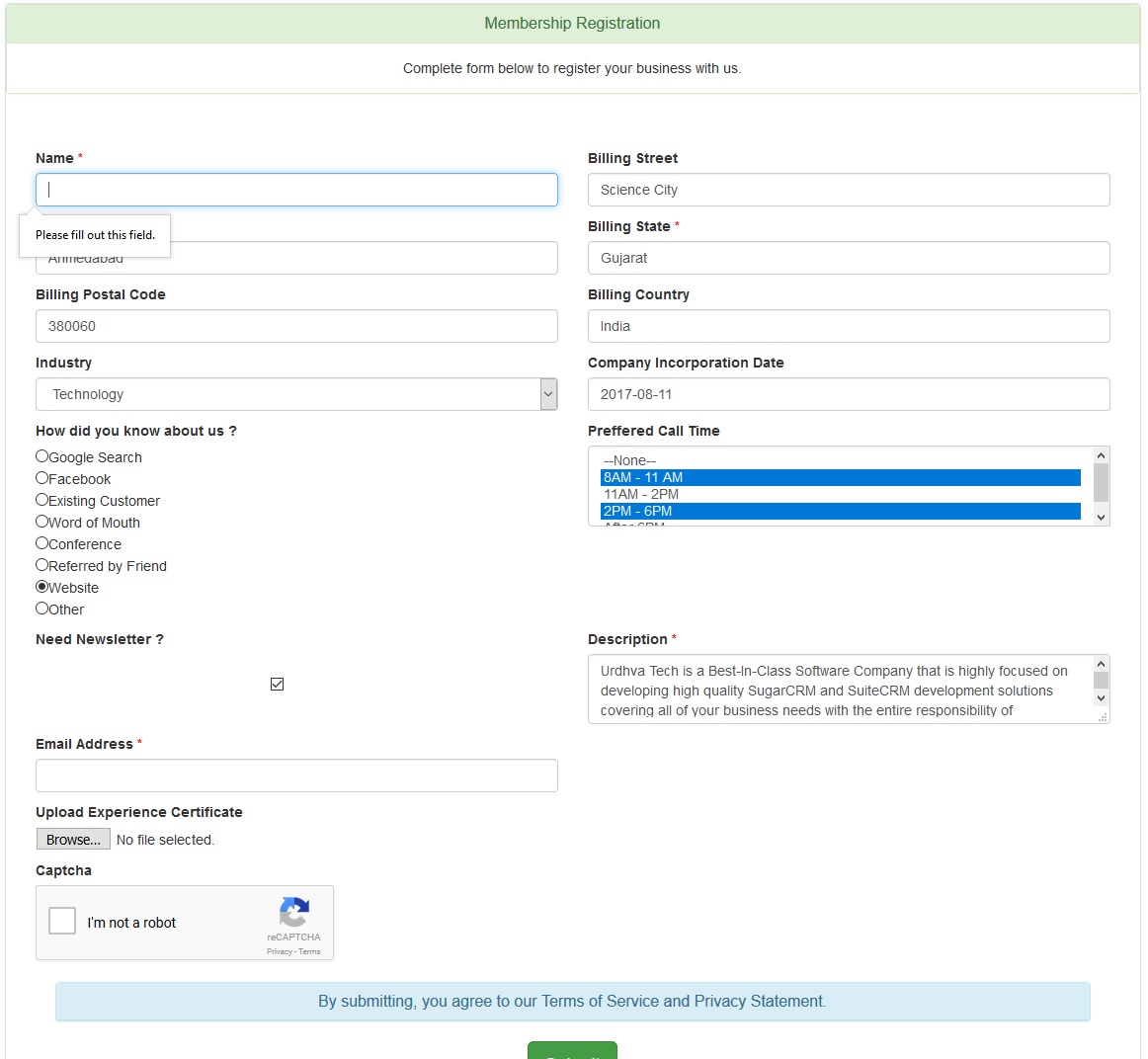 Form required field validation