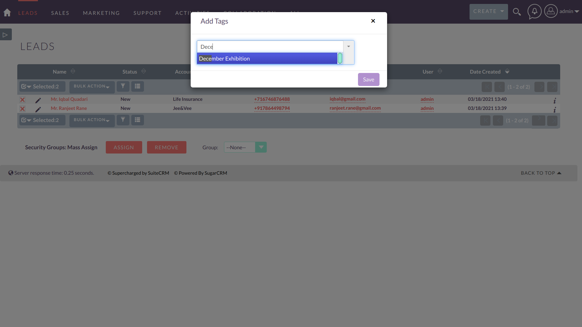 Add Tag for SuiteCRM tagging multiple records