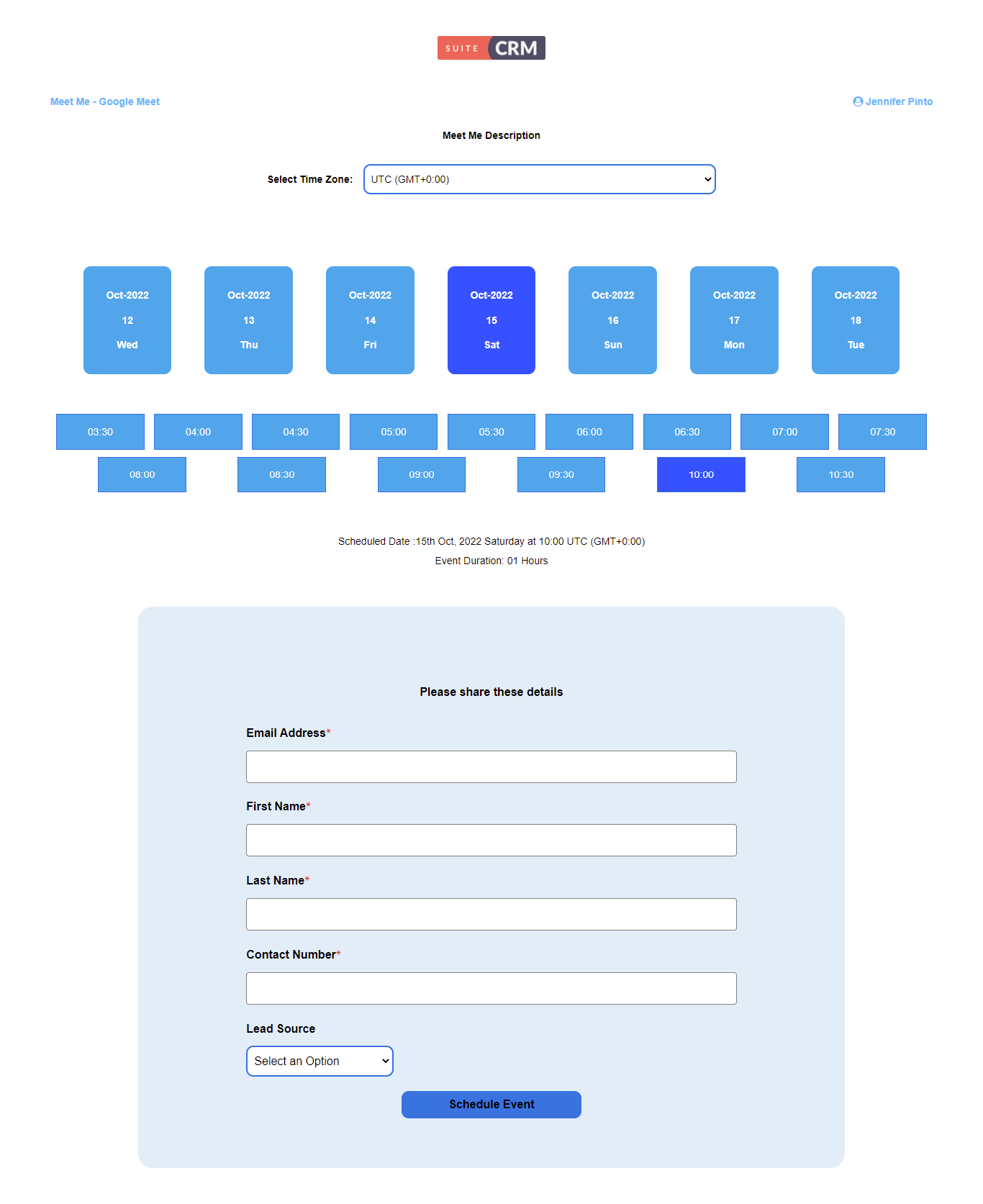 Appointment Scheduler add-on for SuiteCRM appointment page