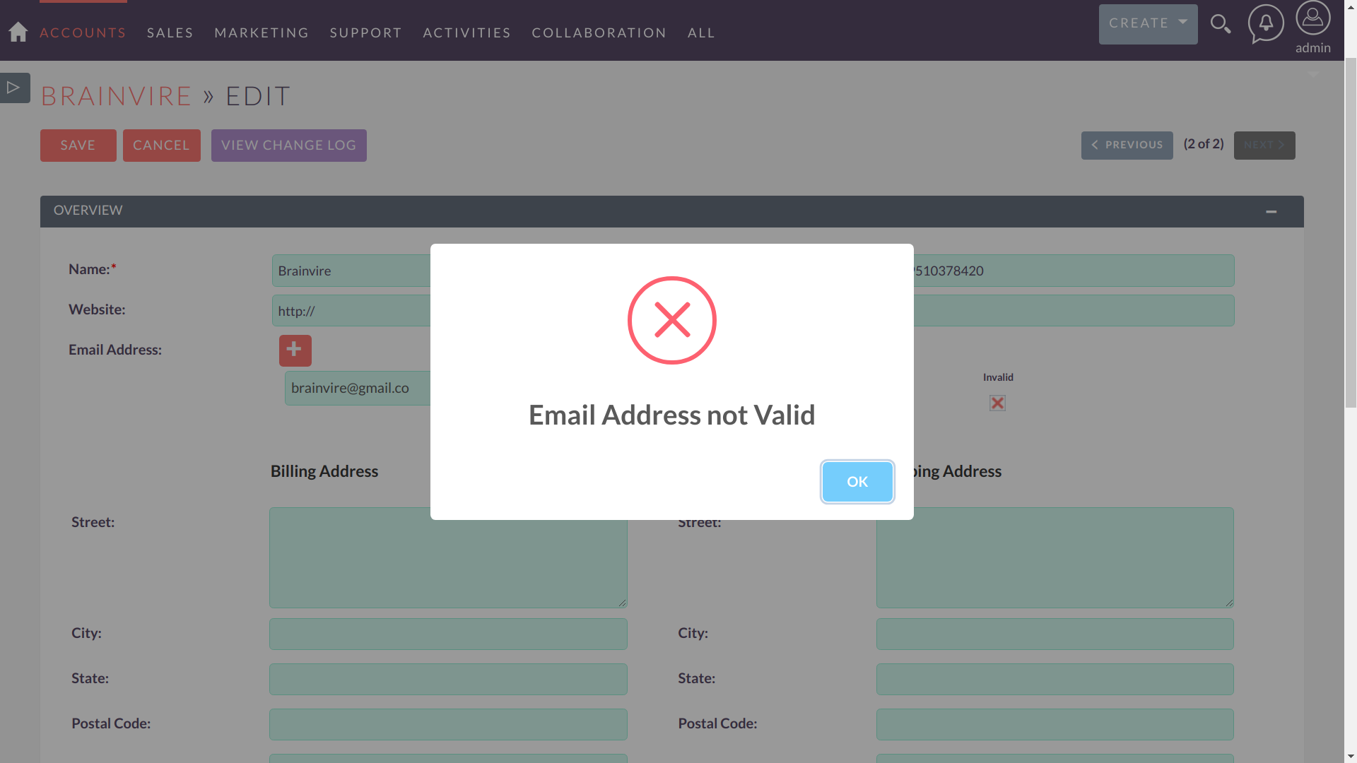 BV Email Verify for SuiteCRM invalid email notification