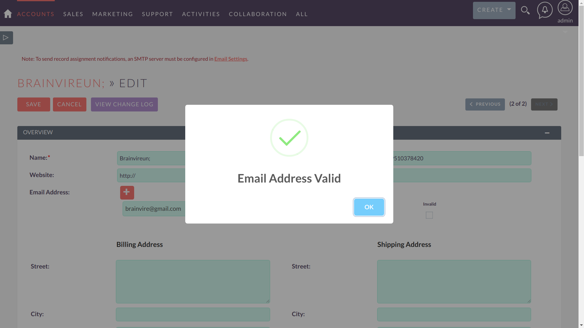 BV Email Verify for SuiteCRM valid email notification