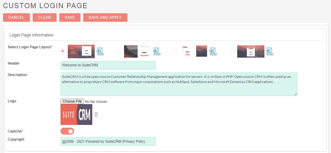 Custom Login Page add-on for SuiteCRM configuration