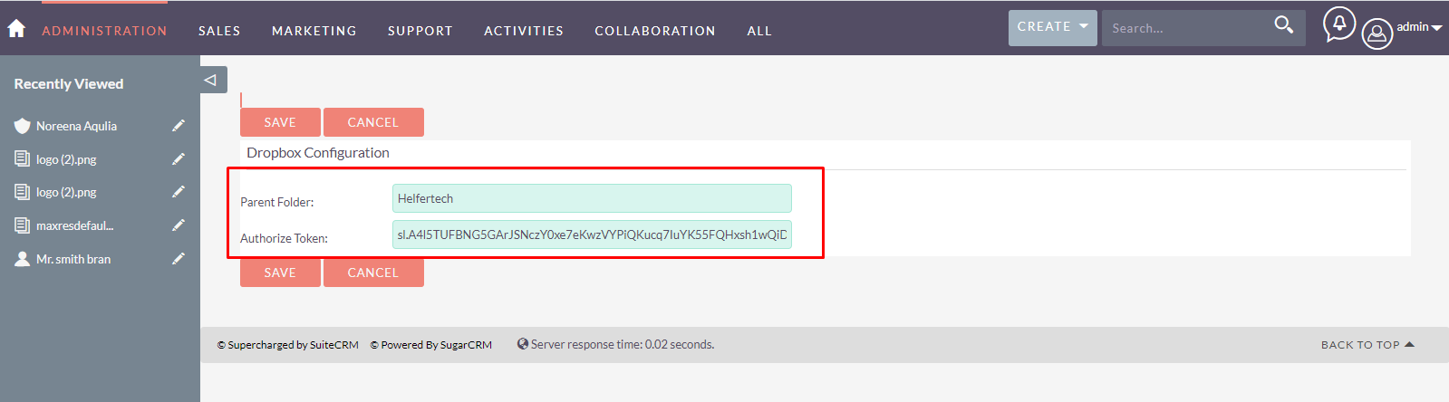 Dropbox Integration for SuiteCRM Configuration