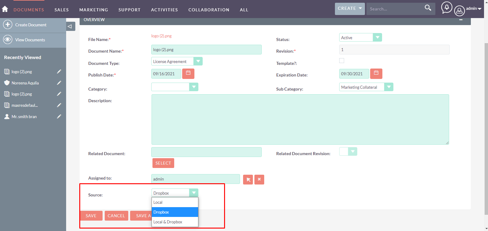 Dropbox Integration for SuiteCRM Create Documents