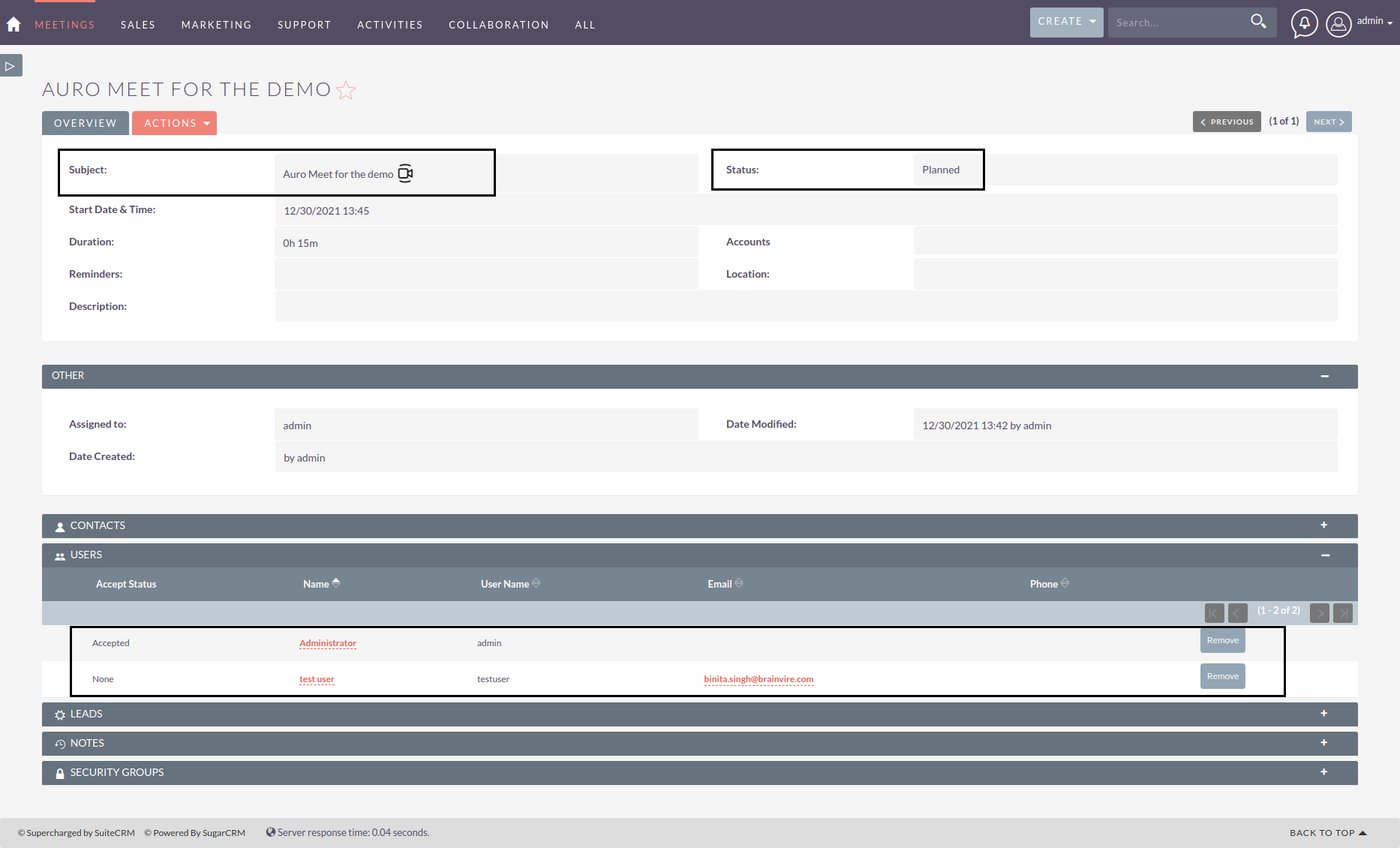 Jitsi Meet add-on for SuiteCRM saved meeting