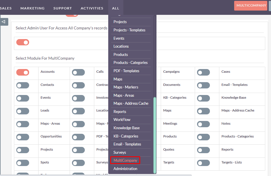 MultiCompany add-on menu page for SuiteCRM