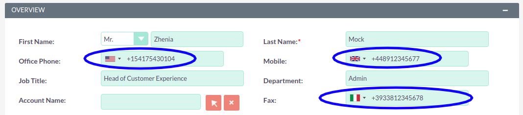 Phone Field With Country Flags add-on for SuiteCRM Edit View