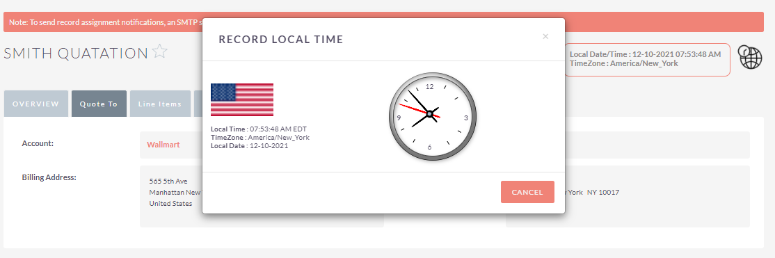 Record Local Time add-on for SuiteCRM pop-up